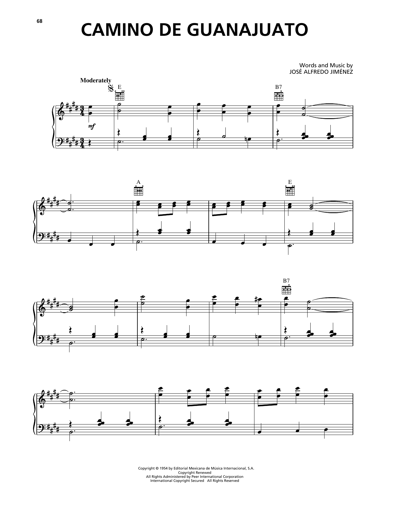 Jose Alfredo Jimenez Camino De Guanajuato sheet music notes and chords arranged for Piano, Vocal & Guitar Chords (Right-Hand Melody)