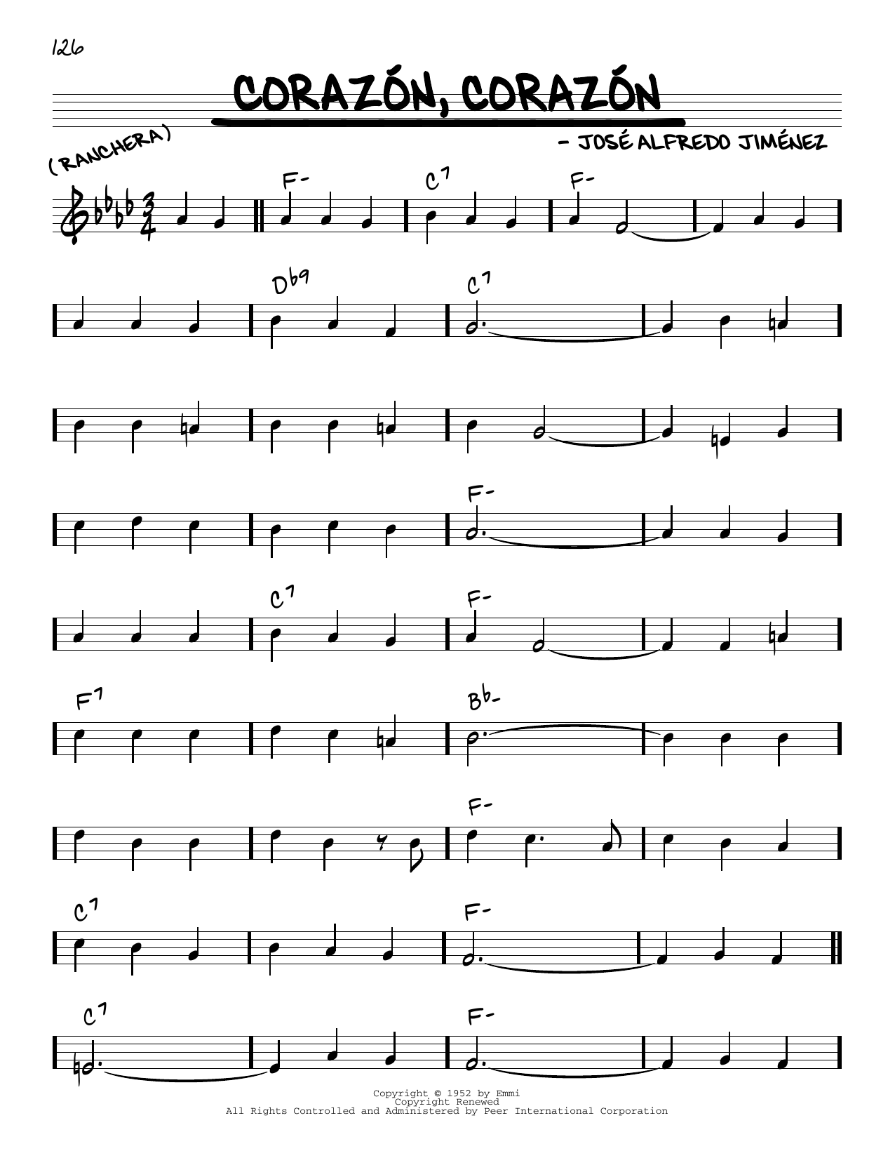 José Alfredo Jimenez Corazon Corazon sheet music notes and chords arranged for Real Book – Melody & Chords