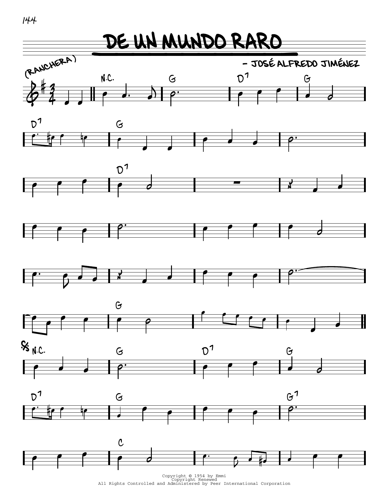 José Alfredo Jimenez De Un Mundo Raro sheet music notes and chords arranged for Real Book – Melody & Chords