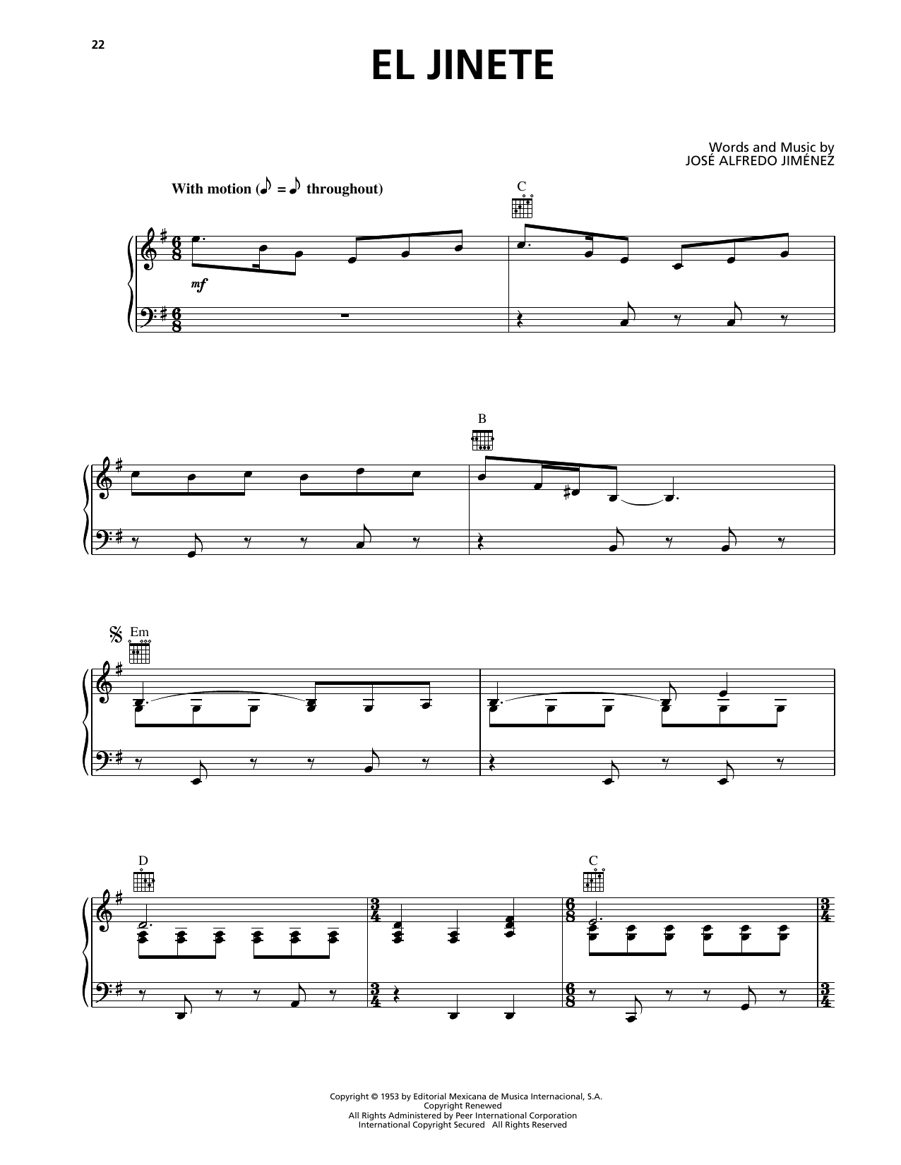 Jose Alfredo Jimenez El Jinete sheet music notes and chords arranged for Piano, Vocal & Guitar Chords (Right-Hand Melody)