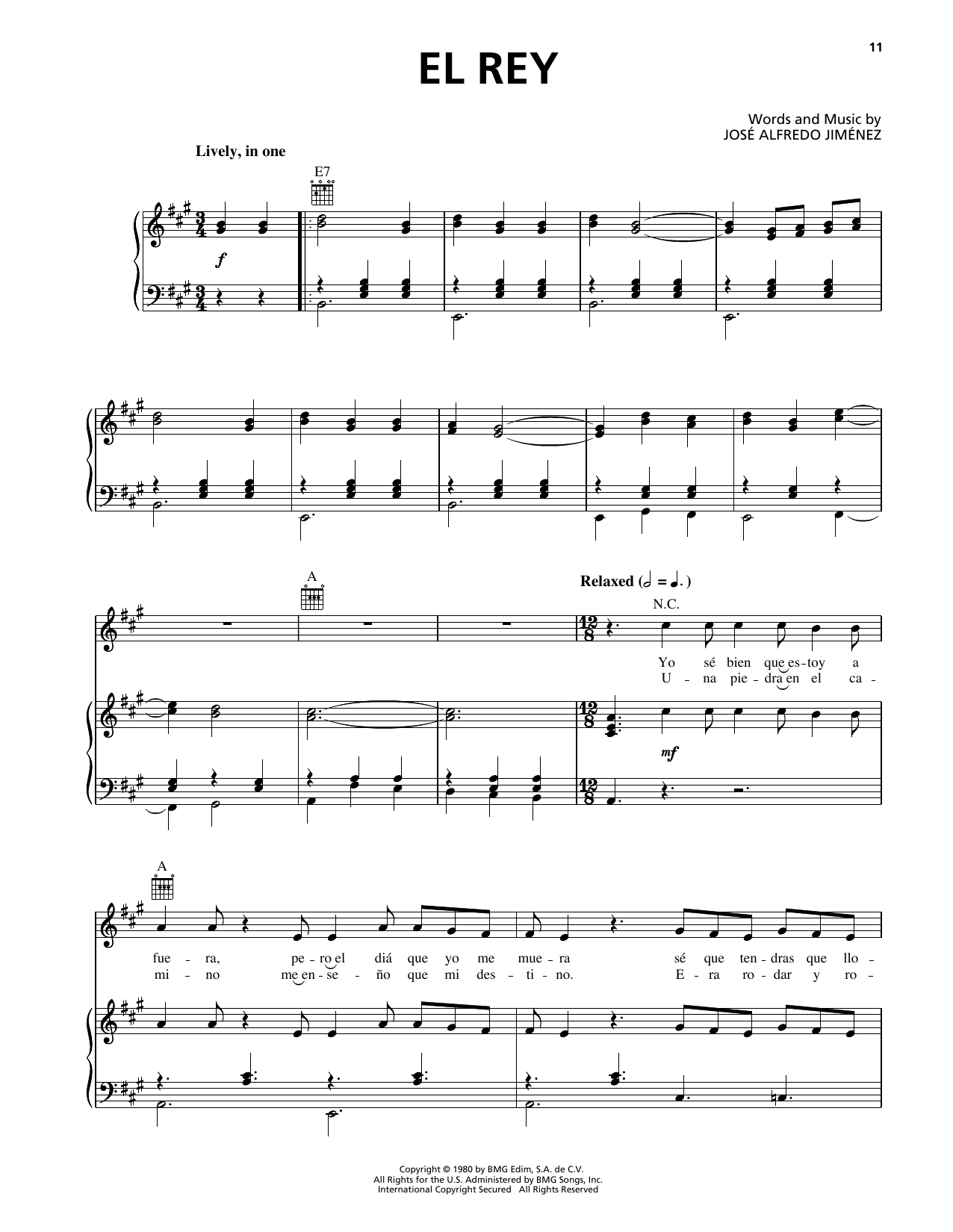Jose Alfredo Jimenez El Rey sheet music notes and chords arranged for Piano, Vocal & Guitar Chords (Right-Hand Melody)