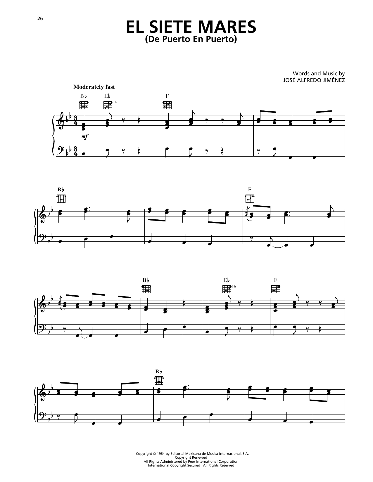 Jose Alfredo Jimenez El Siete Mares (De Puerto En Puerto) sheet music notes and chords arranged for Piano, Vocal & Guitar Chords (Right-Hand Melody)