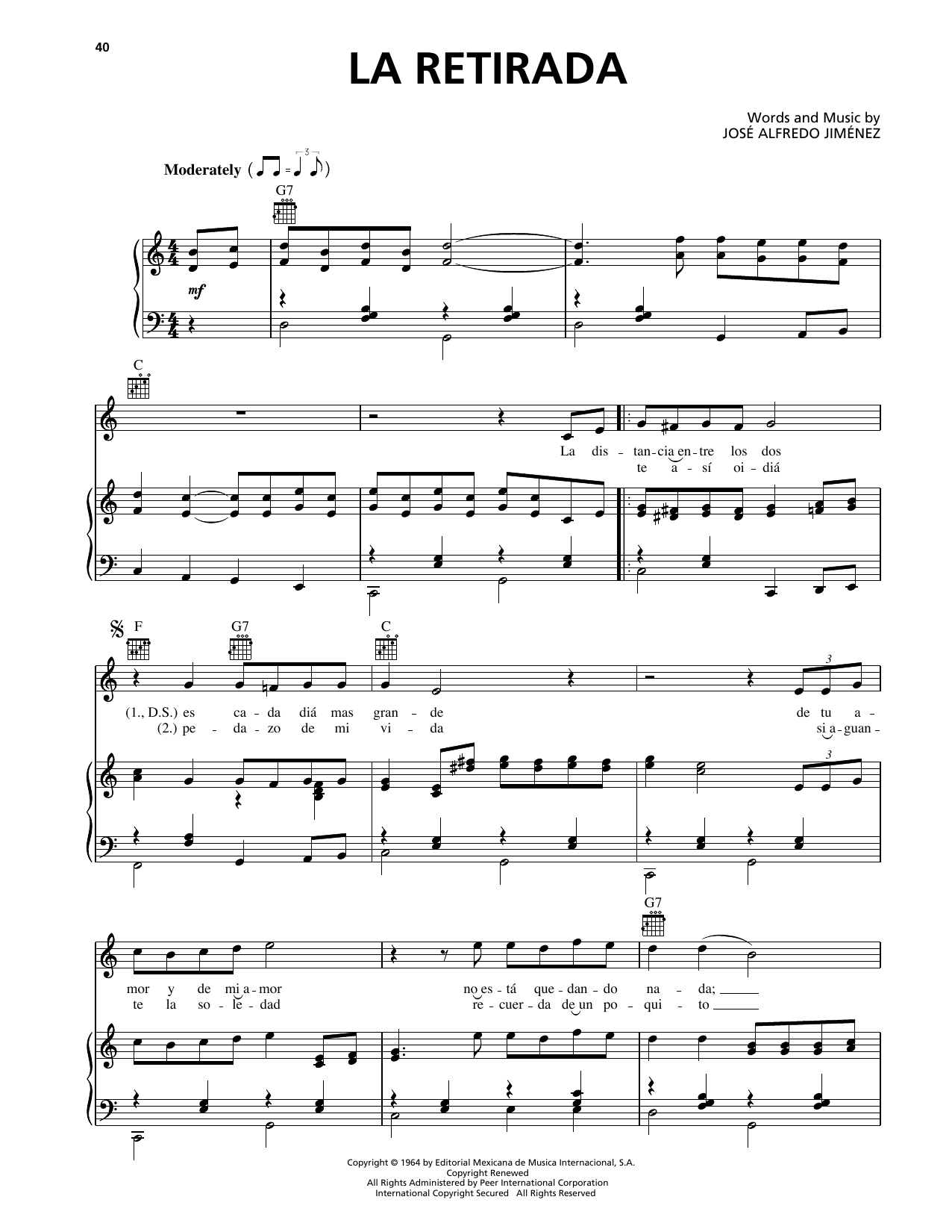 Jose Alfredo Jimenez La Retirada sheet music notes and chords arranged for Piano, Vocal & Guitar Chords (Right-Hand Melody)