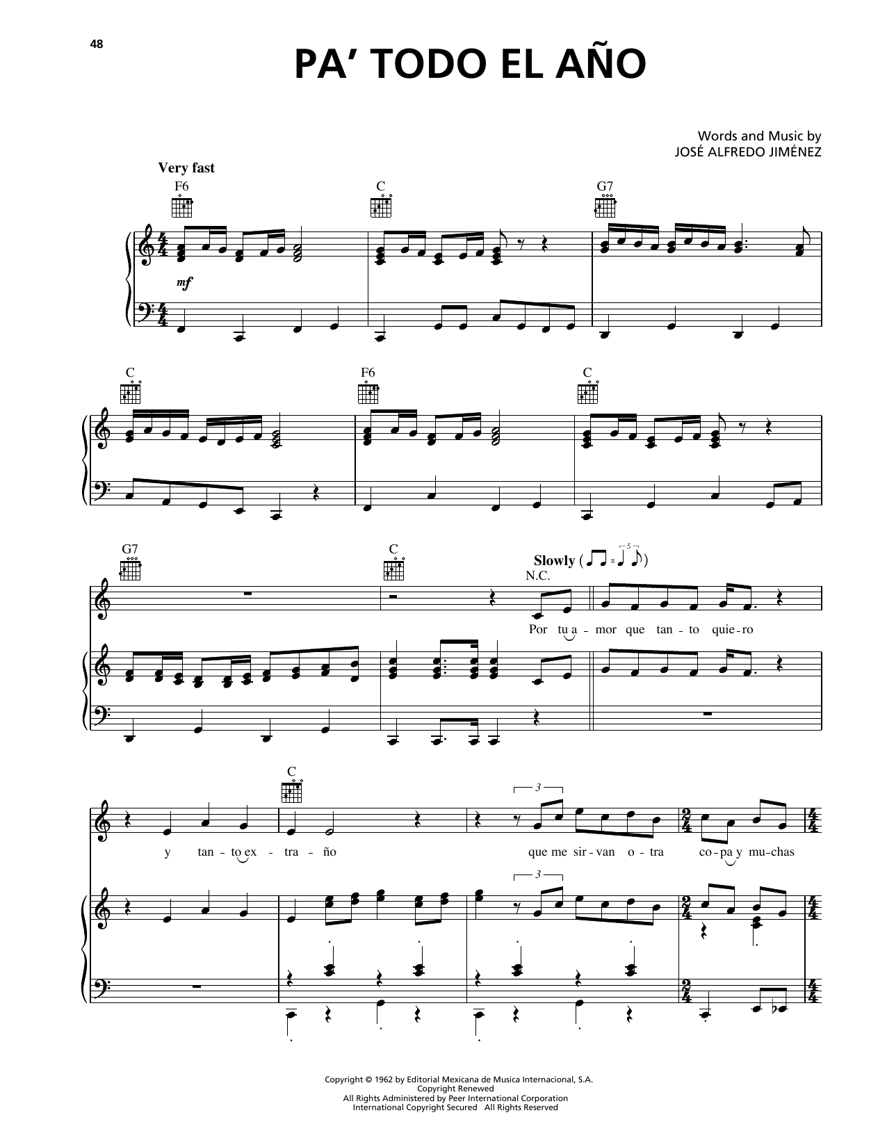 José Alfredo Jiménez Pa' Todo El Ano sheet music notes and chords arranged for Piano, Vocal & Guitar Chords (Right-Hand Melody)