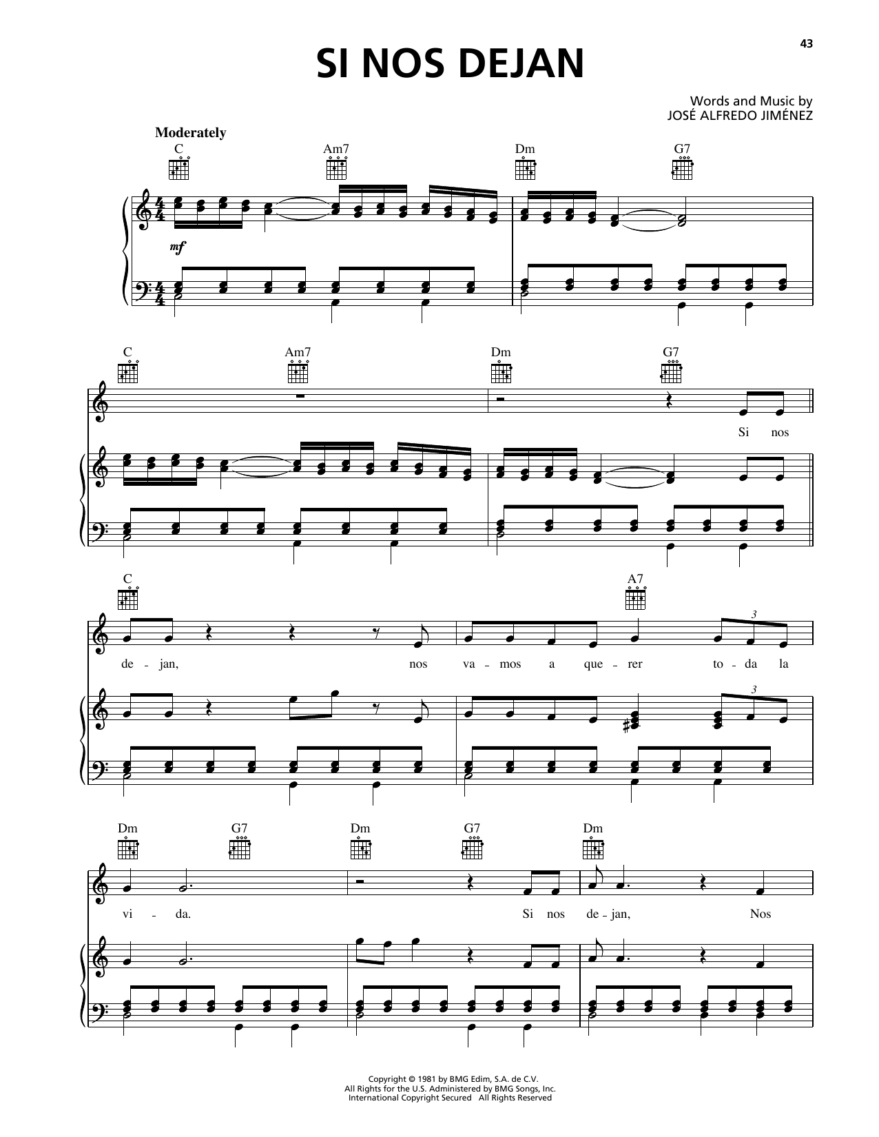 Jose Alfredo Jimenez Si Nos Dejan sheet music notes and chords arranged for Piano, Vocal & Guitar Chords (Right-Hand Melody)