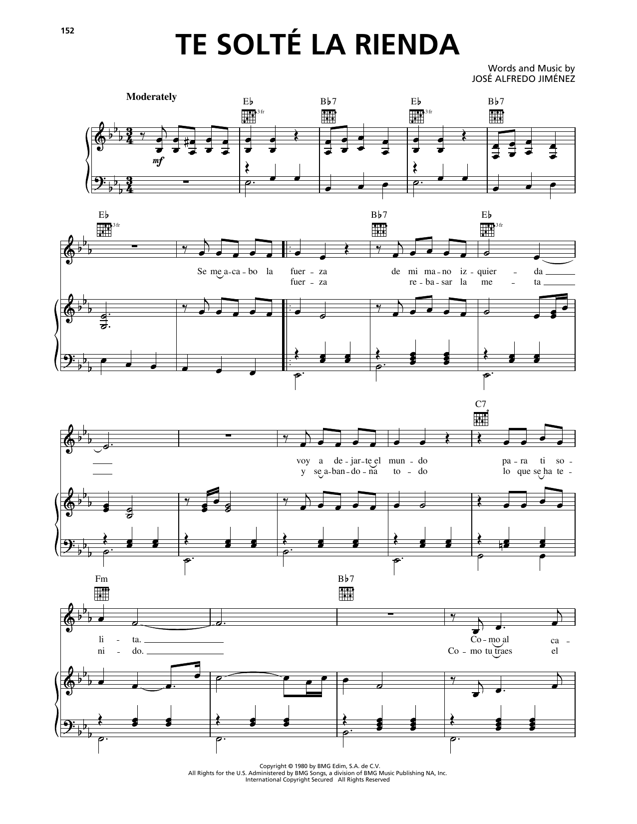 Jose Alfredo Jimenez Te Solté La Rienda sheet music notes and chords arranged for Piano, Vocal & Guitar Chords (Right-Hand Melody)