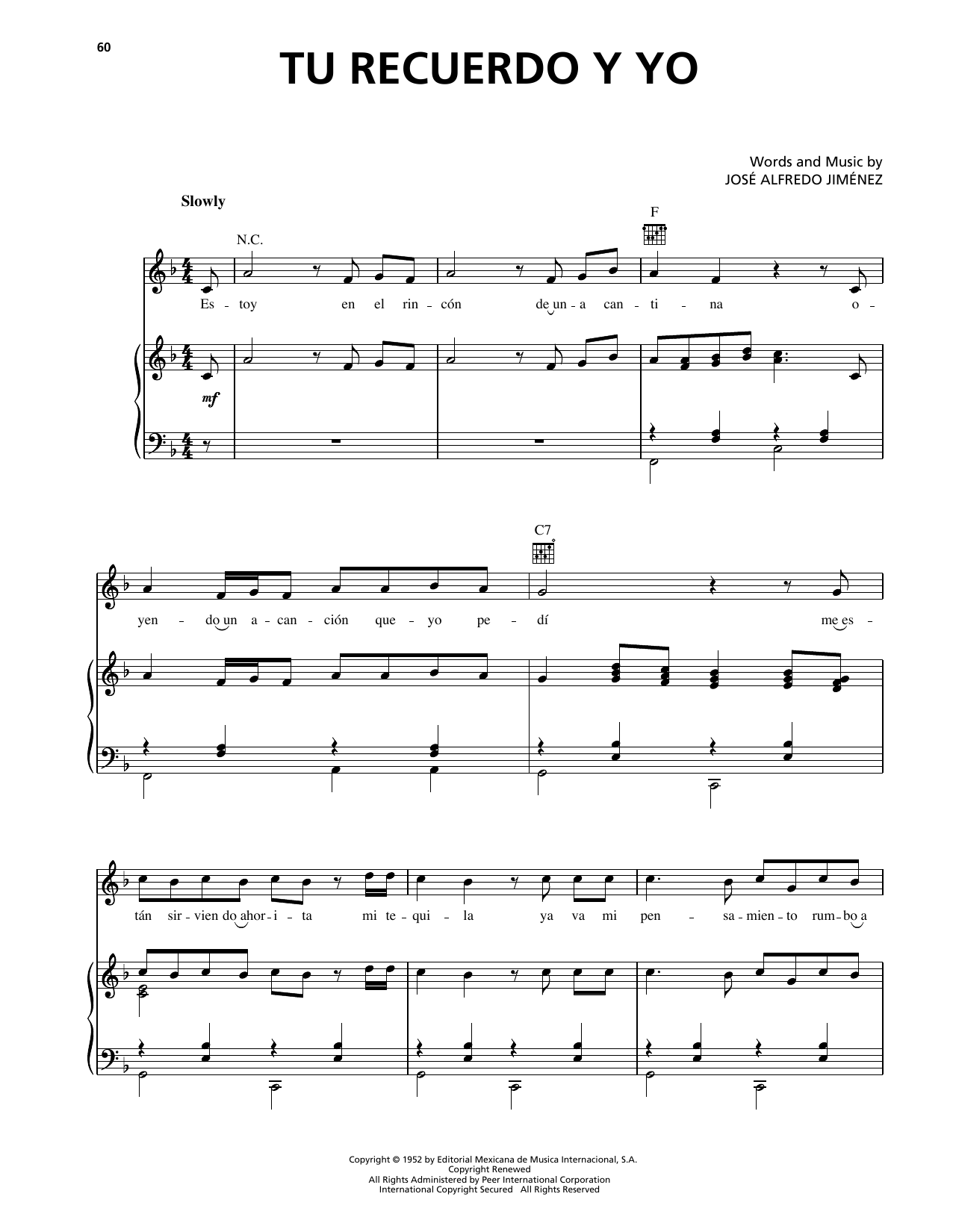 Jose Alfredo Jimenez Tu Recuerdo Y Yo sheet music notes and chords arranged for Piano, Vocal & Guitar Chords (Right-Hand Melody)