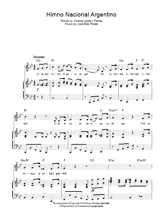 Jose Blas Parera Himno Nacional Argentino (Argentinian National Anthem) sheet music notes and chords arranged for Piano, Vocal & Guitar Chords