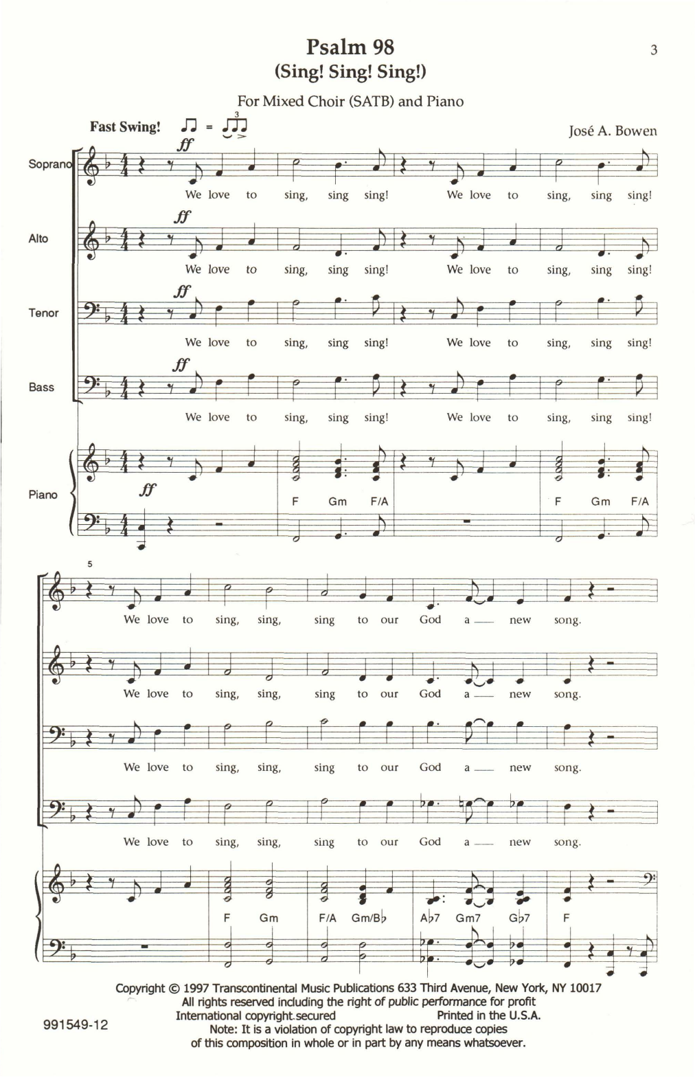 Jose Bowen Psalm 98 (Sing! Sing! Sing!) sheet music notes and chords arranged for SATB Choir