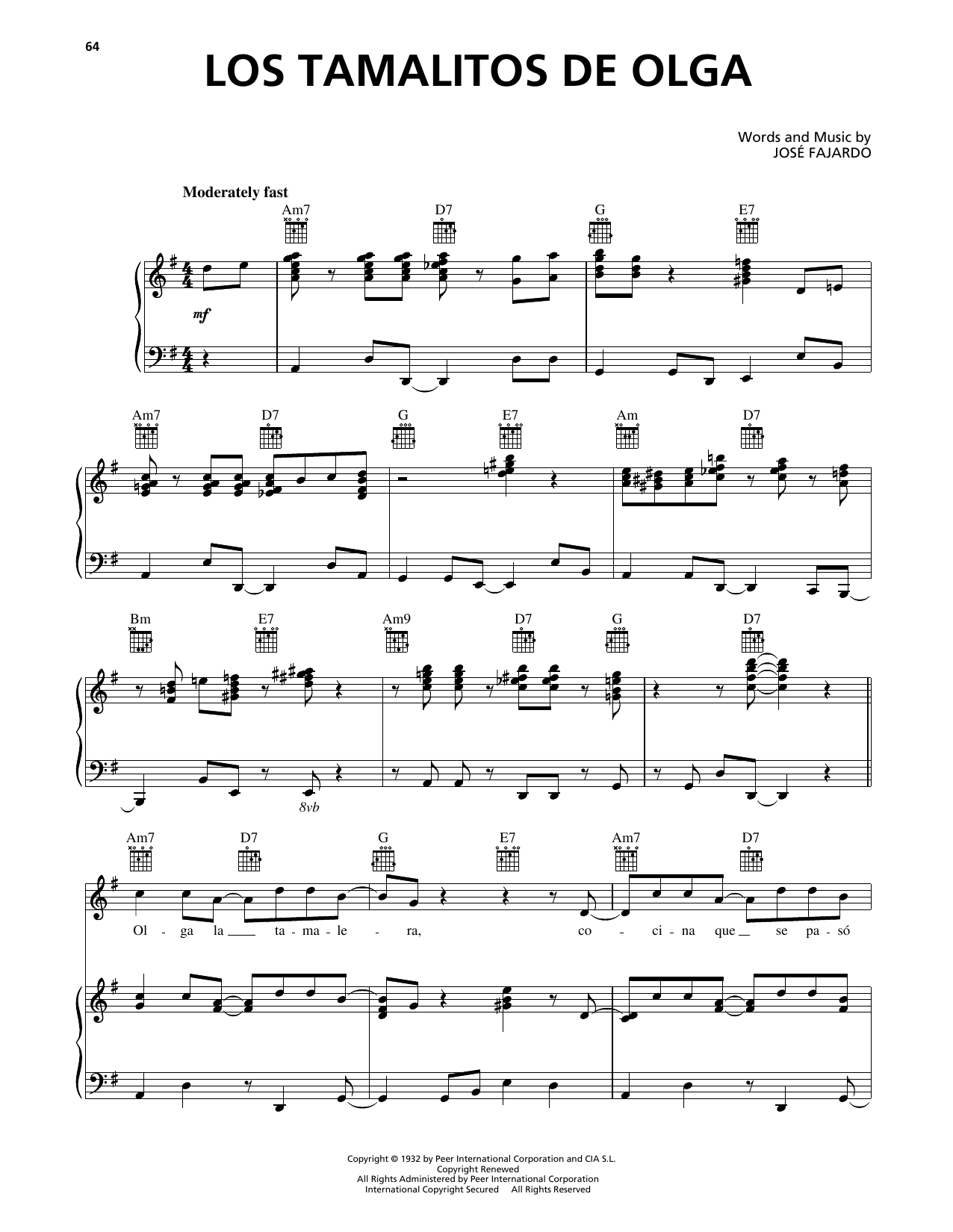 Jose Fajardo Los Tamalitos de Olga sheet music notes and chords arranged for Piano, Vocal & Guitar Chords (Right-Hand Melody)