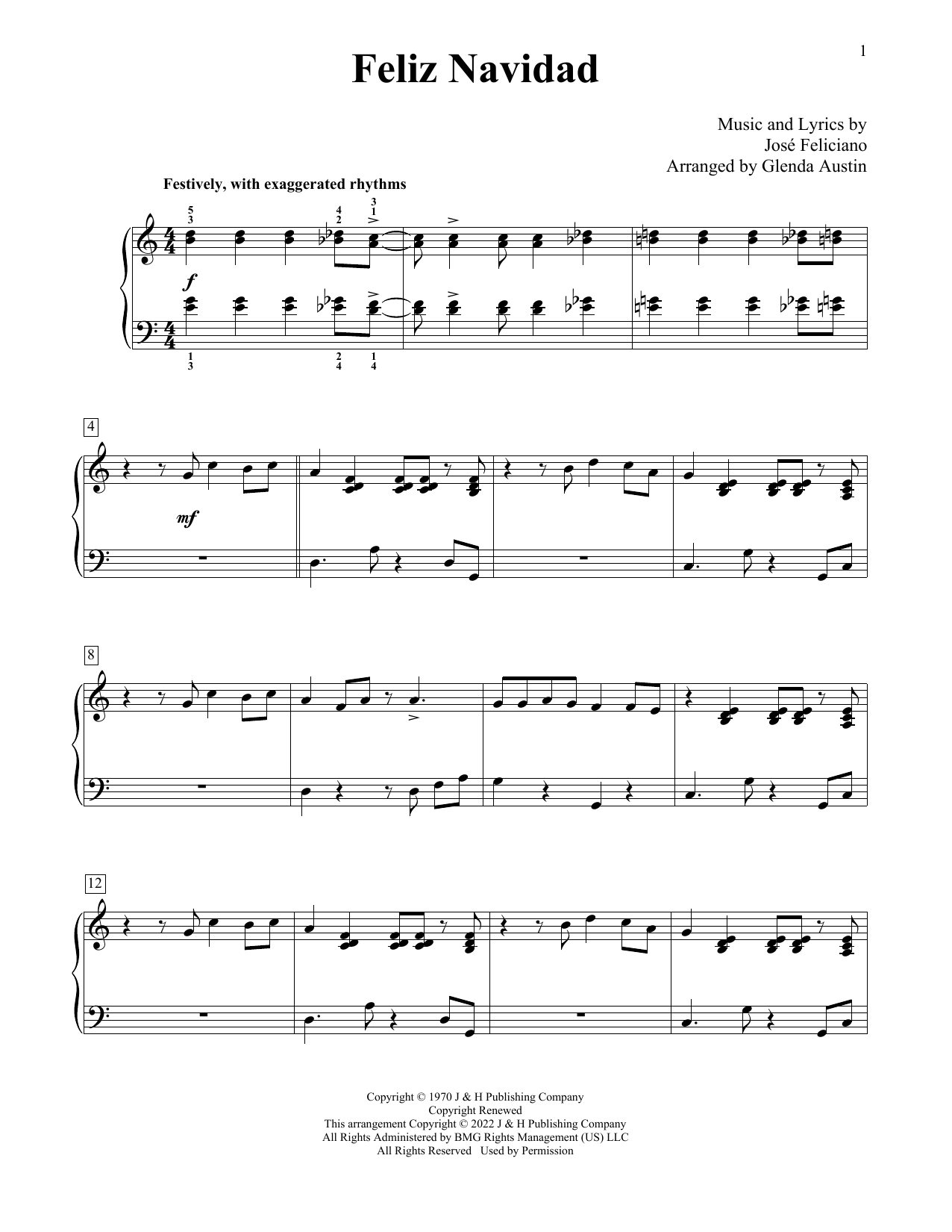 Jose Feliciano Feliz Navidad (arr. Glenda Austin) sheet music notes and chords arranged for Educational Piano