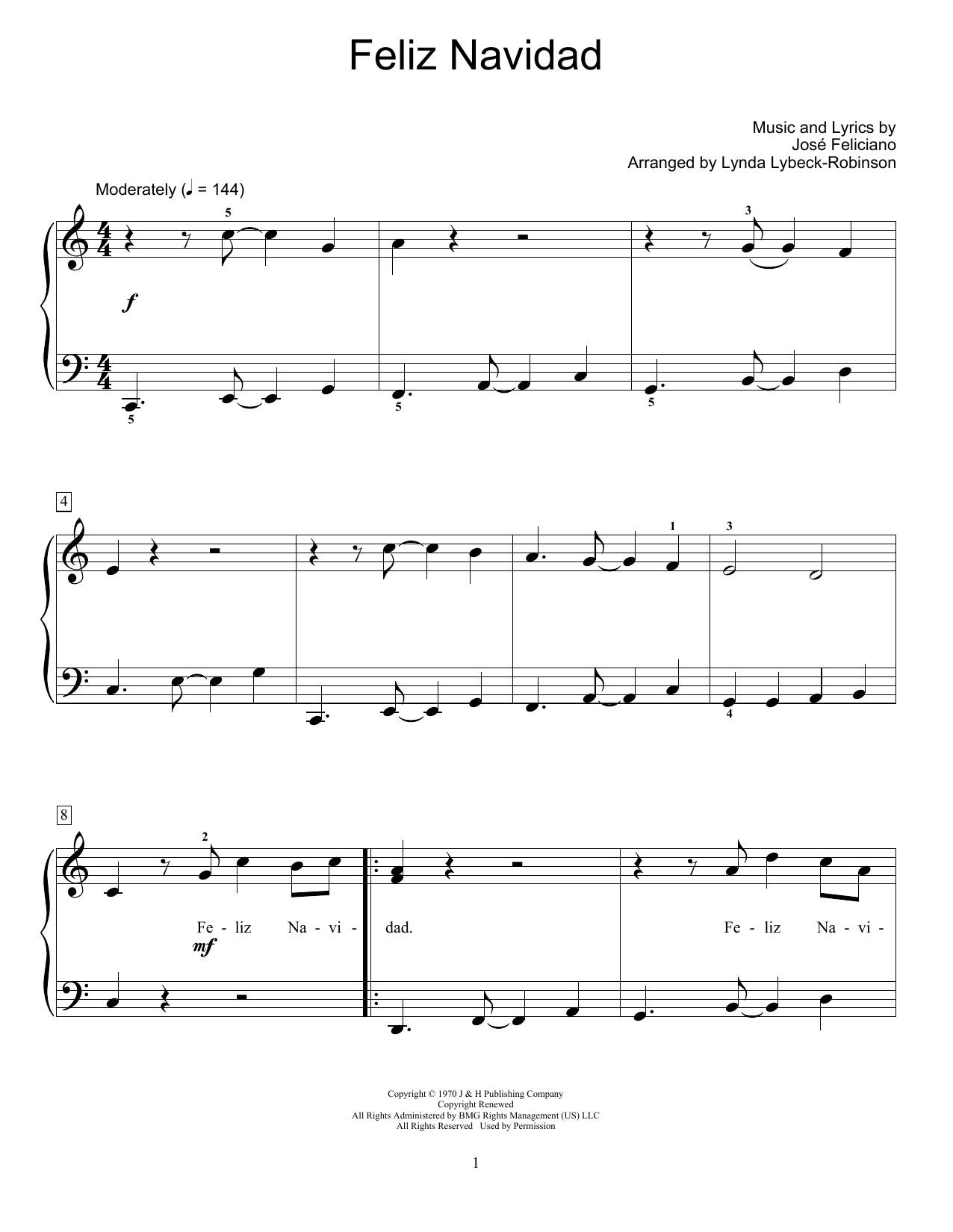 Jose Feliciano Feliz Navidad (arr. Lynda Lybeck-Robinson) sheet music notes and chords arranged for Educational Piano