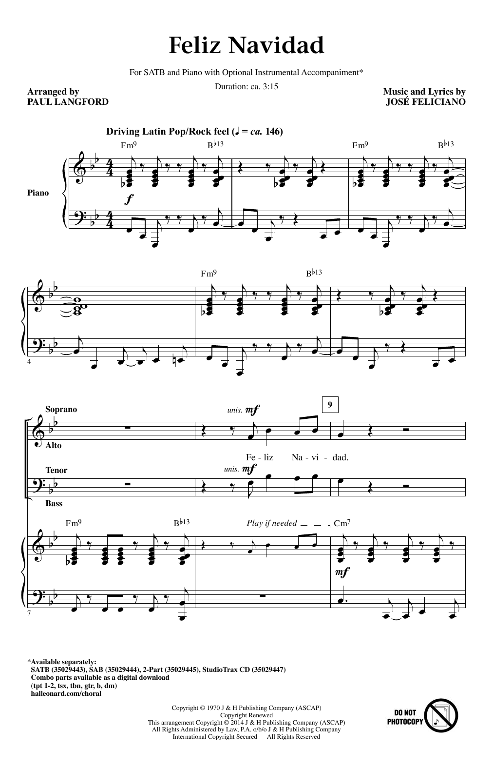 Jose Feliciano Feliz Navidad (arr. Paul Langford) sheet music notes and chords arranged for SAB Choir