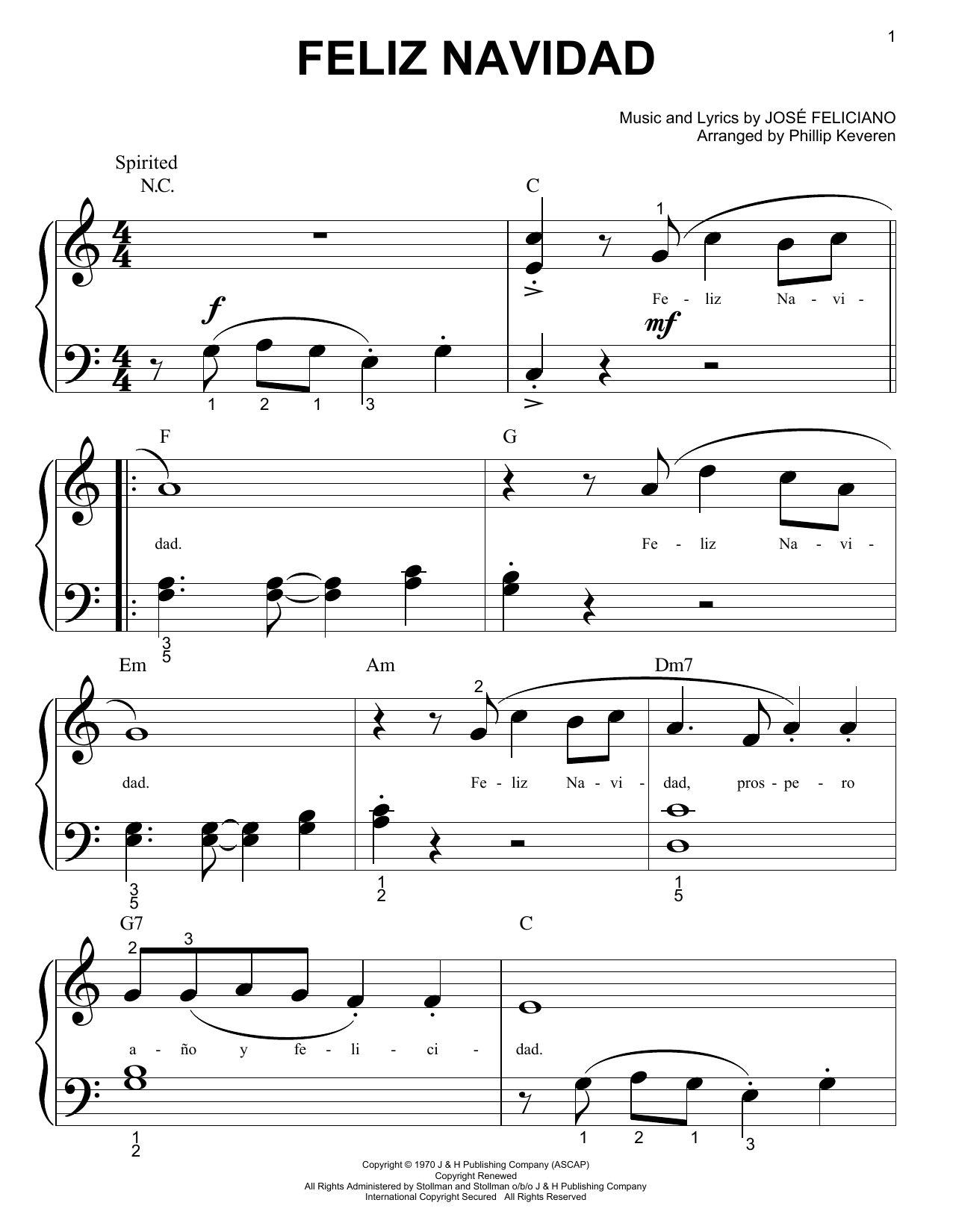 Jose Feliciano Feliz Navidad (arr. Phillip Keveren) sheet music notes and chords arranged for Big Note Piano