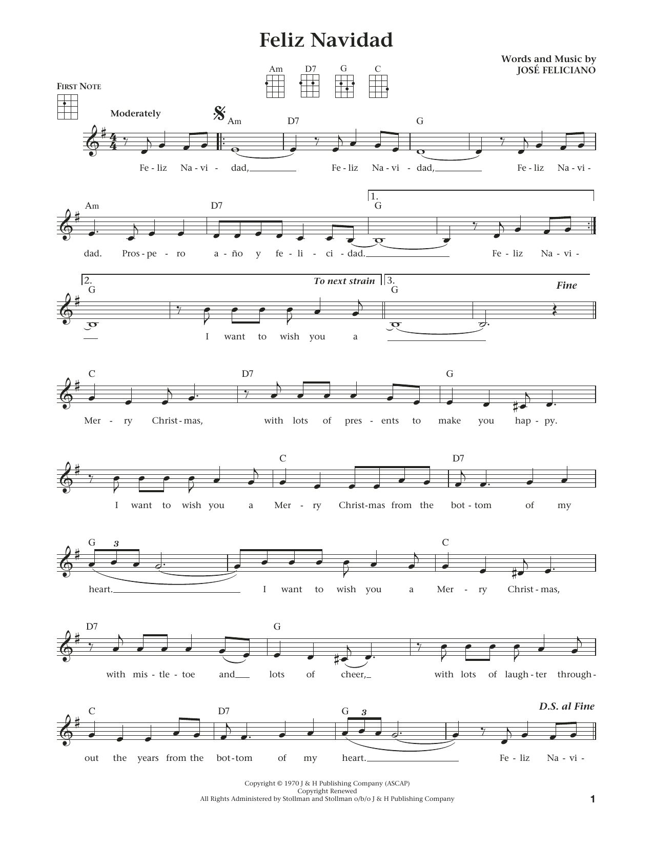 Jose Feliciano Feliz Navidad (from The Daily Ukulele) (arr. Liz and Jim Beloff) sheet music notes and chords arranged for Ukulele
