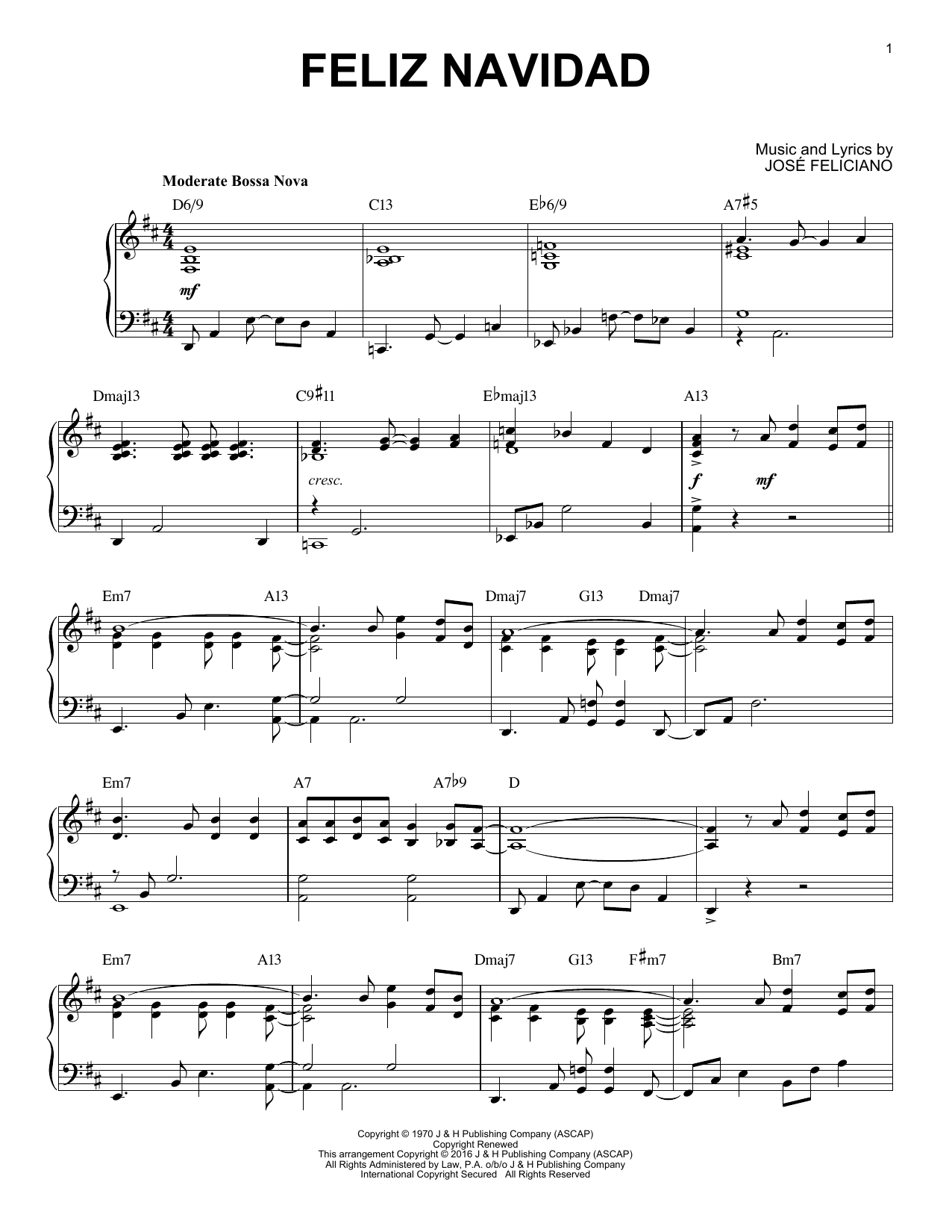 Jose Feliciano Feliz Navidad [Jazz version] (arr. Brent Edstrom) sheet music notes and chords arranged for Piano Solo