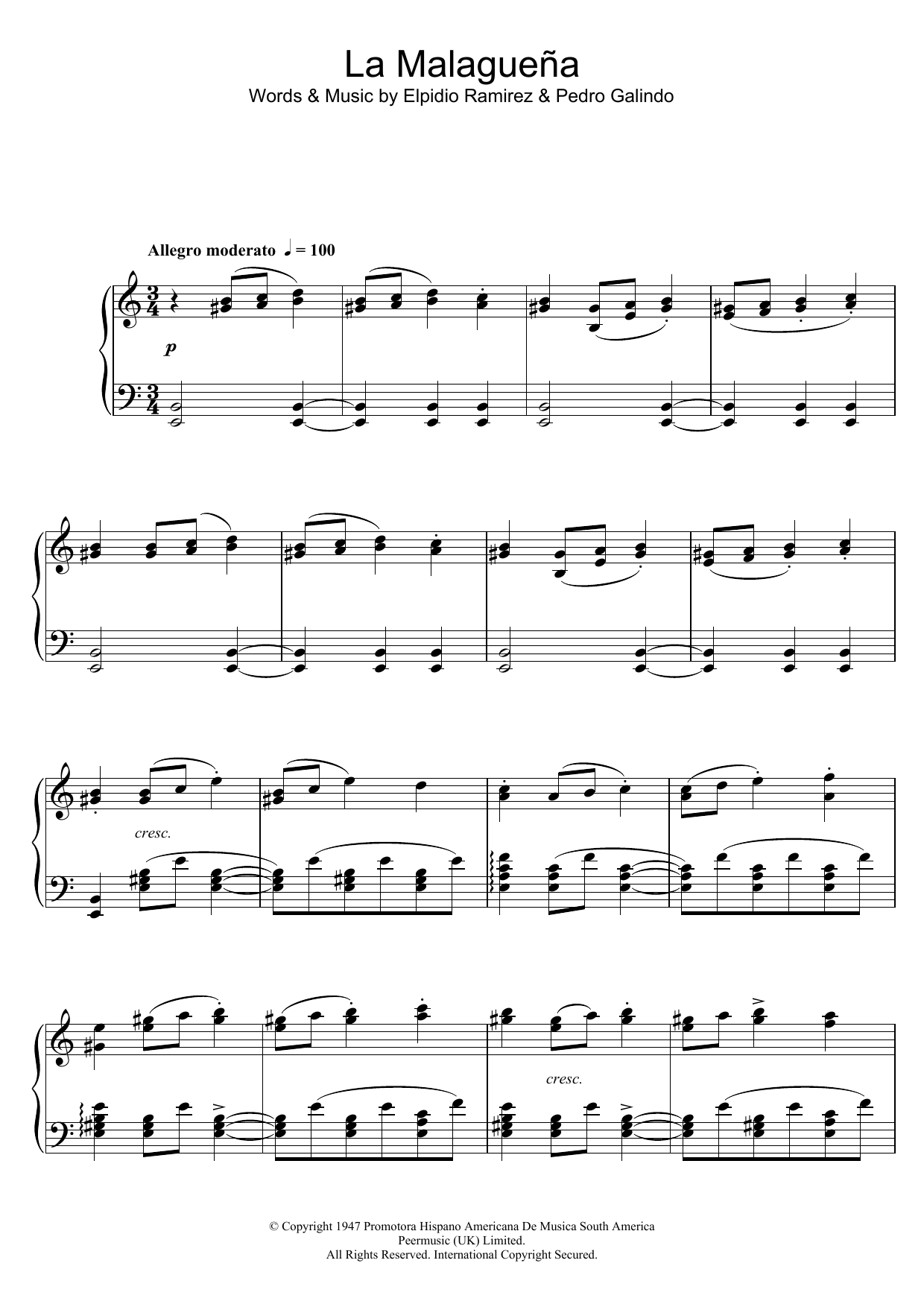 Jose Feliciano La Malaguena sheet music notes and chords arranged for Piano Solo