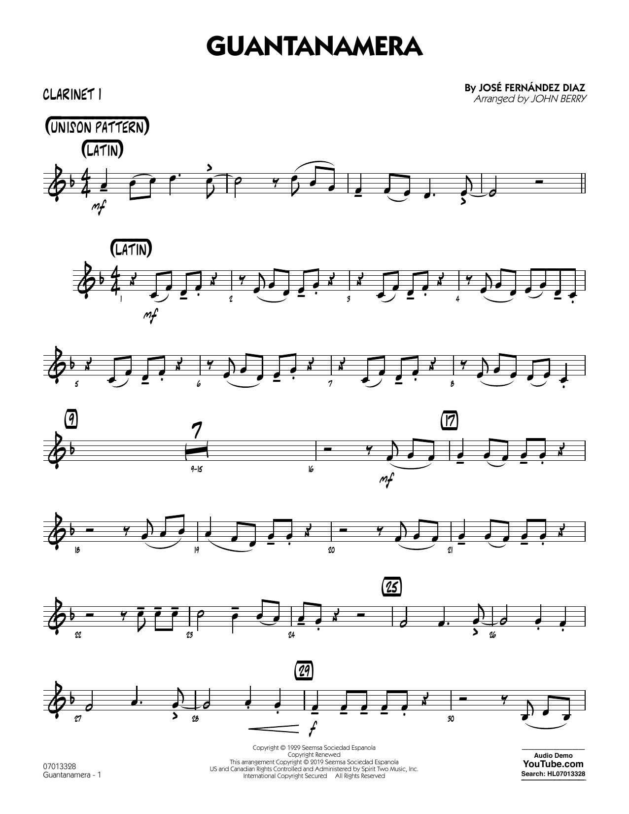 José Fernández Diaz Guantanamera (arr. John Berry) - Bb Clarinet 1 sheet music notes and chords arranged for Jazz Ensemble