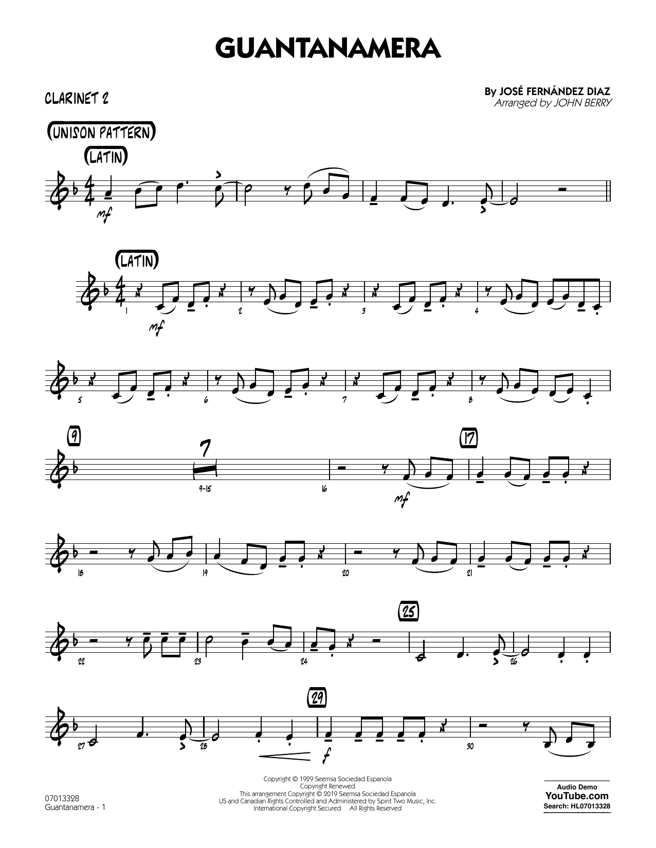 José Fernández Diaz Guantanamera (arr. John Berry) - Bb Clarinet 2 sheet music notes and chords arranged for Jazz Ensemble
