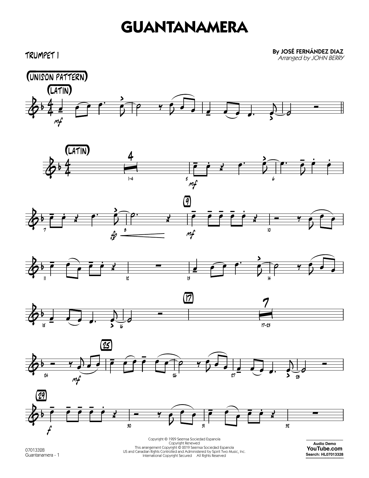 José Fernández Diaz Guantanamera (arr. John Berry) - Trumpet 1 sheet music notes and chords arranged for Jazz Ensemble