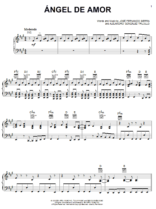 Jose Fernando Sierra Angel De Amor sheet music notes and chords arranged for Piano, Vocal & Guitar Chords (Right-Hand Melody)