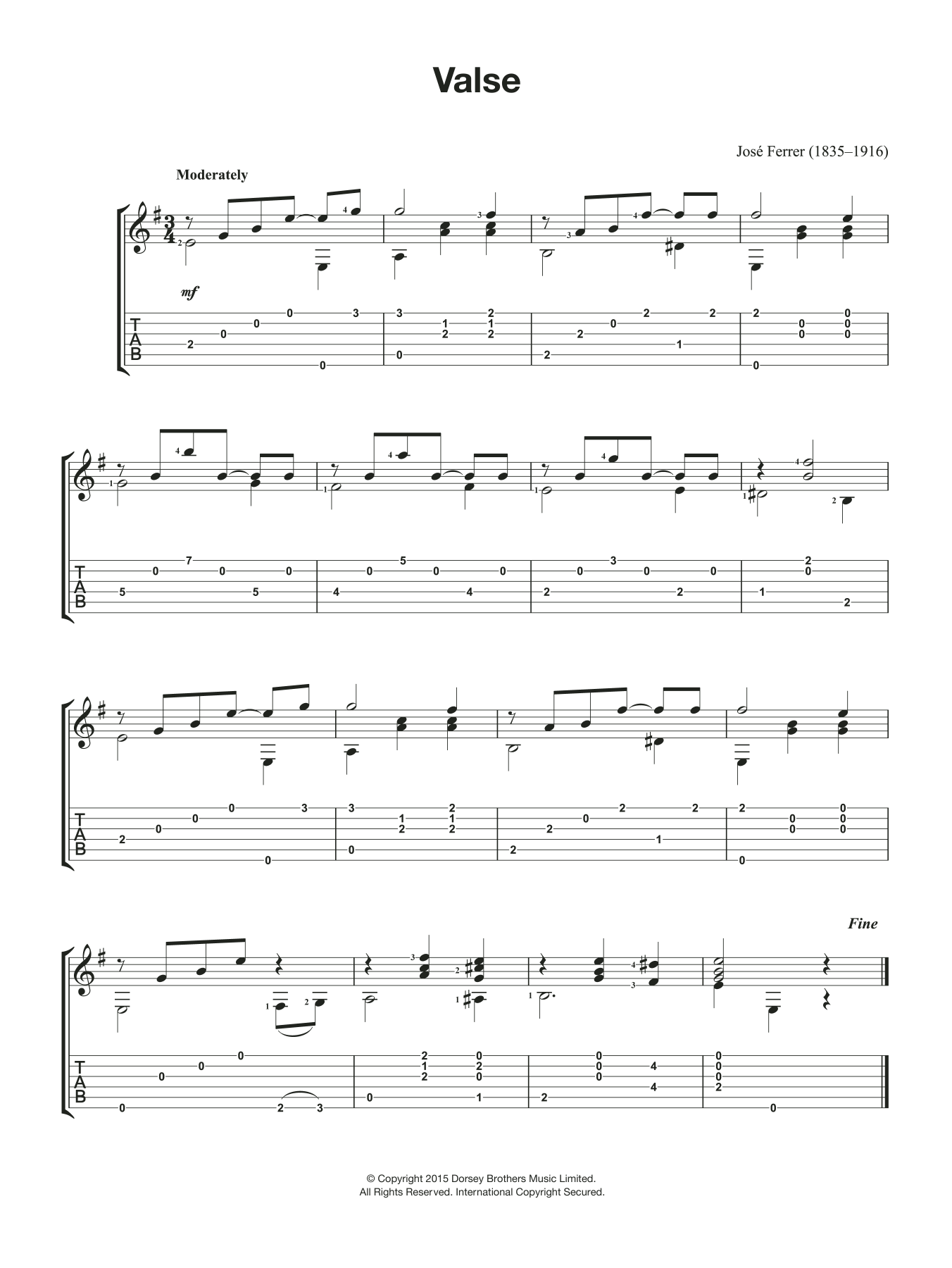 Jose Ferrer Valse sheet music notes and chords arranged for Easy Guitar