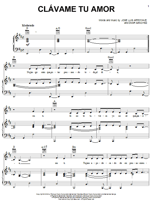 Jose Luis Arroyave Clavame Tu Amor sheet music notes and chords arranged for Piano, Vocal & Guitar Chords (Right-Hand Melody)