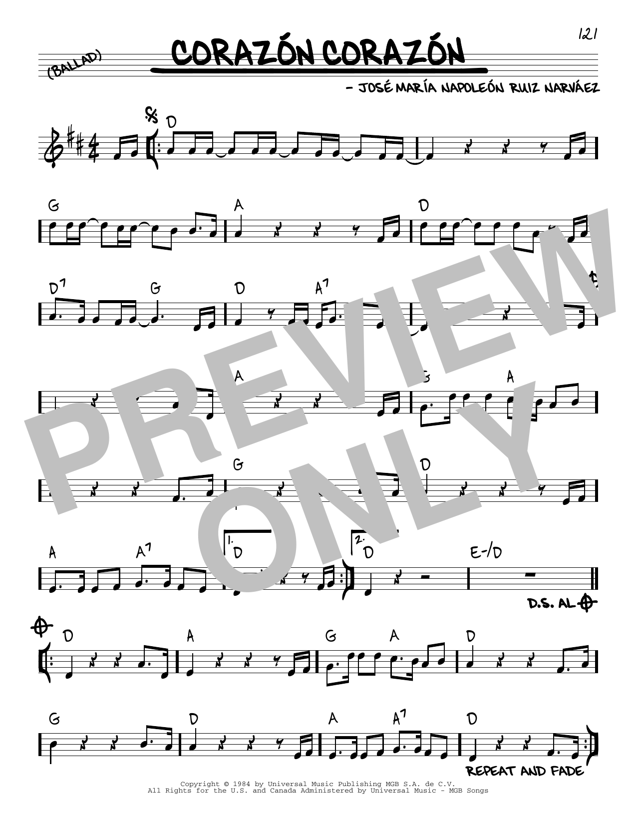 Jose Maria Napoleon Ruiz Narva Corazon Corazon sheet music notes and chords arranged for Real Book – Melody & Chords