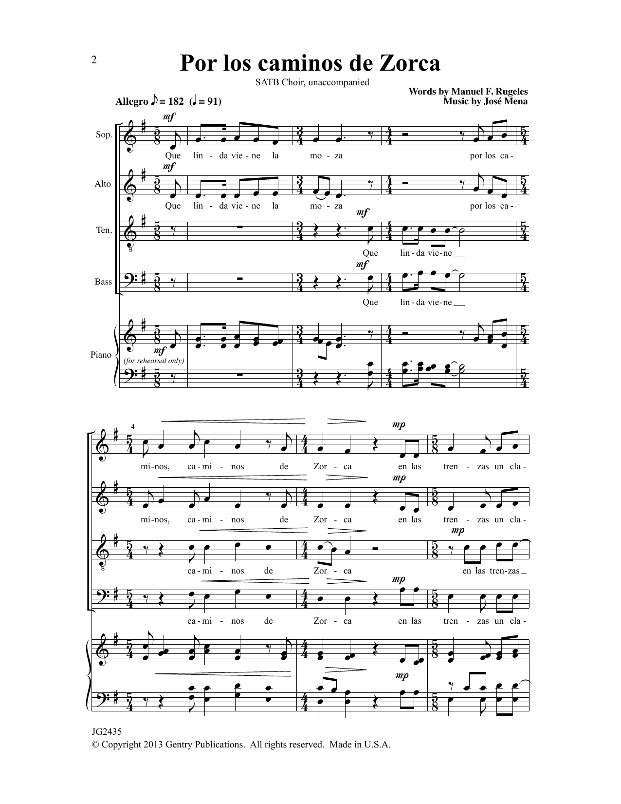 Jose Mena Por Los Caminos De Zorca sheet music notes and chords arranged for SATB Choir