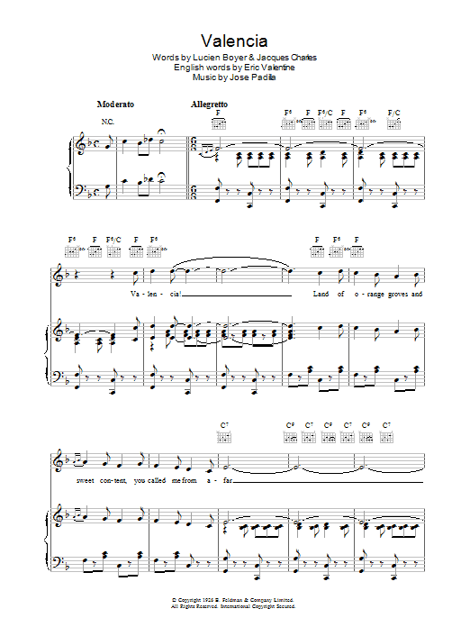 Jose Padilla Valencia sheet music notes and chords arranged for Piano, Vocal & Guitar Chords