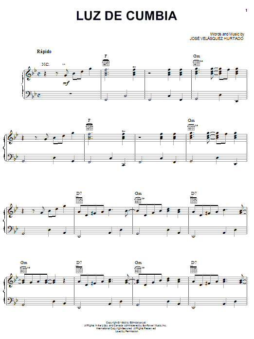 Jose Velasquez Hurtado Luz De Cumbia sheet music notes and chords arranged for Piano, Vocal & Guitar Chords (Right-Hand Melody)