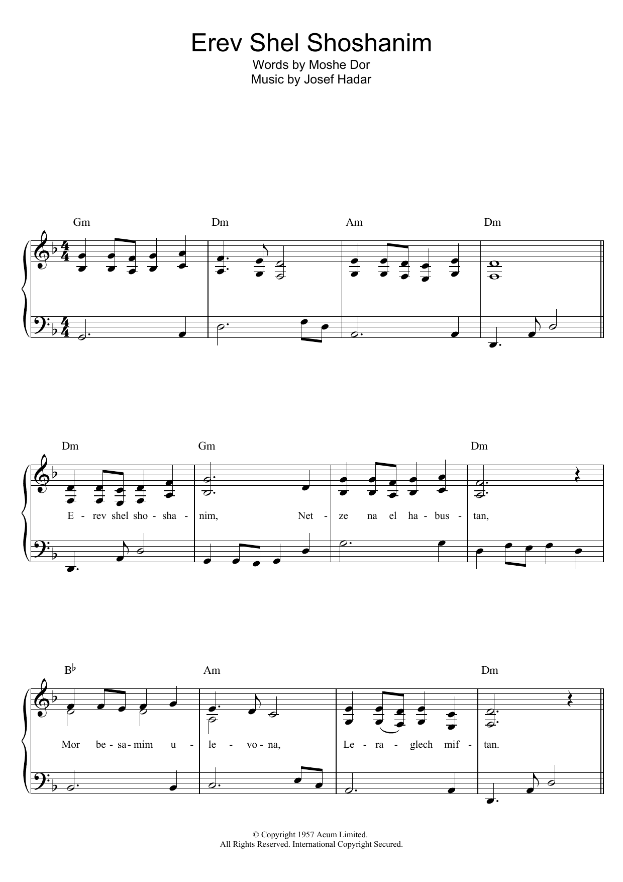 Yosef Hadar Erev Shel Shoshanim sheet music notes and chords arranged for Easy Piano