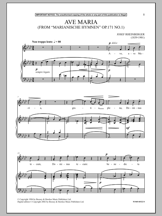 Josef Rheinberger Ave Maria, Op.171, No.1 (from Marianische Hymnen) sheet music notes and chords arranged for Piano & Vocal