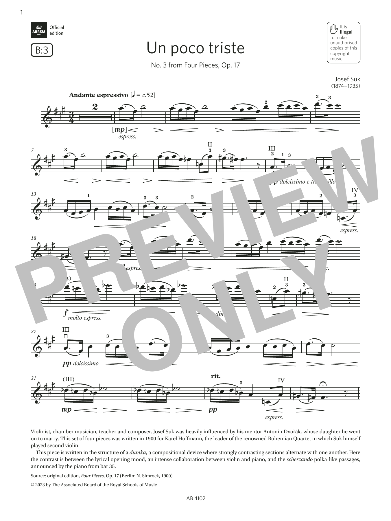 Josef Suk Un poco triste (Grade 8, B3, from the ABRSM Violin Syllabus from 2024) sheet music notes and chords arranged for Violin Solo