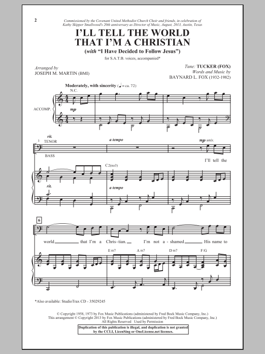 Joseph  M. Martin I'll Tell The World That I'm A Christian sheet music notes and chords arranged for SATB Choir