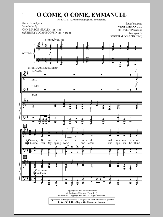 Joseph  M. Martin O Come, O Come, Emmanuel (from Carols For Choir And Congregation) sheet music notes and chords arranged for SATB Choir