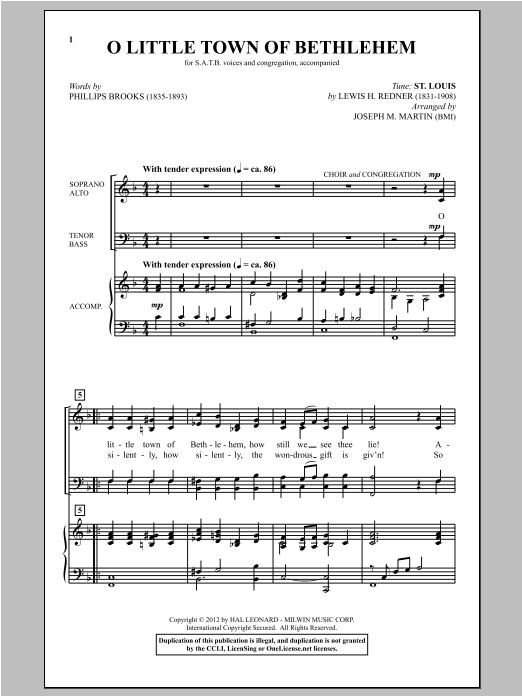 Joseph  M. Martin O Little Town Of Bethlehem (from Carols For Choir And Congregation) sheet music notes and chords arranged for SATB Choir