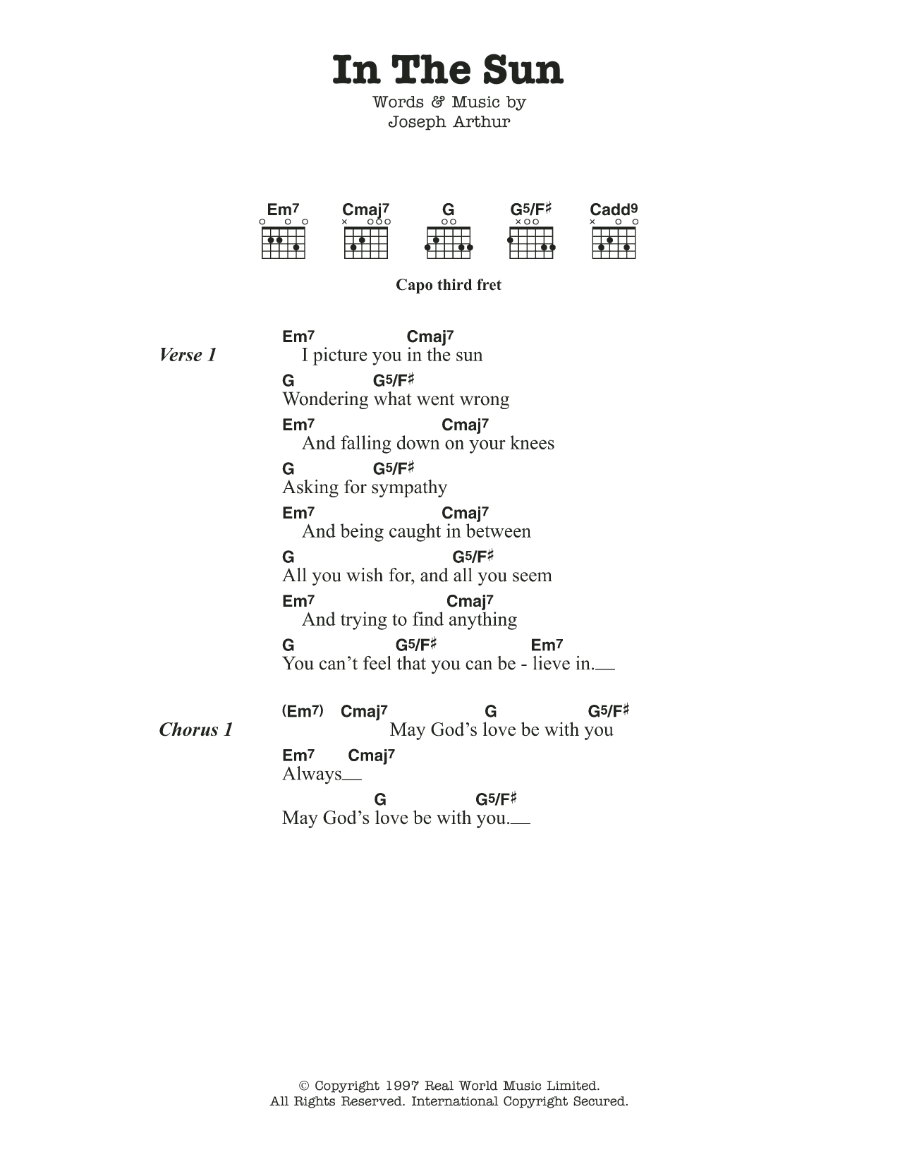 Joseph Arthur In The Sun sheet music notes and chords arranged for Guitar Chords/Lyrics