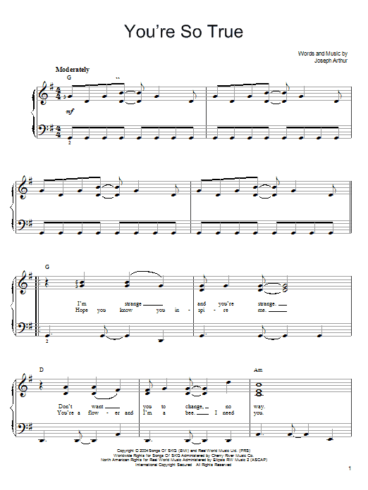 Joseph Arthur You're So True sheet music notes and chords arranged for Piano, Vocal & Guitar Chords (Right-Hand Melody)
