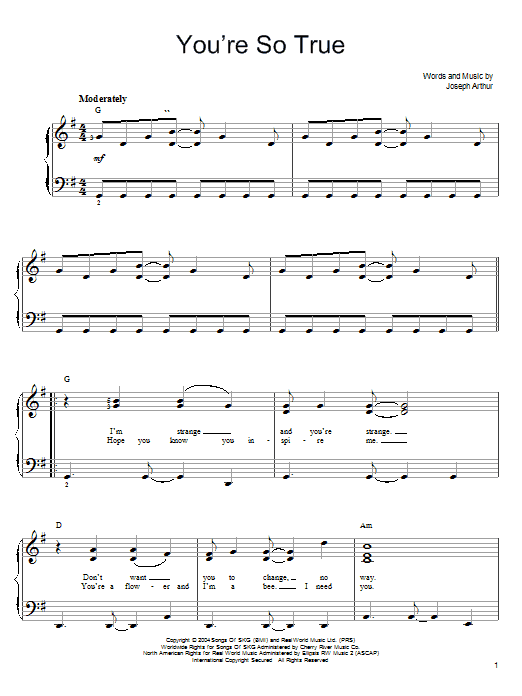 Joseph Arthur You're So True sheet music notes and chords arranged for Easy Piano