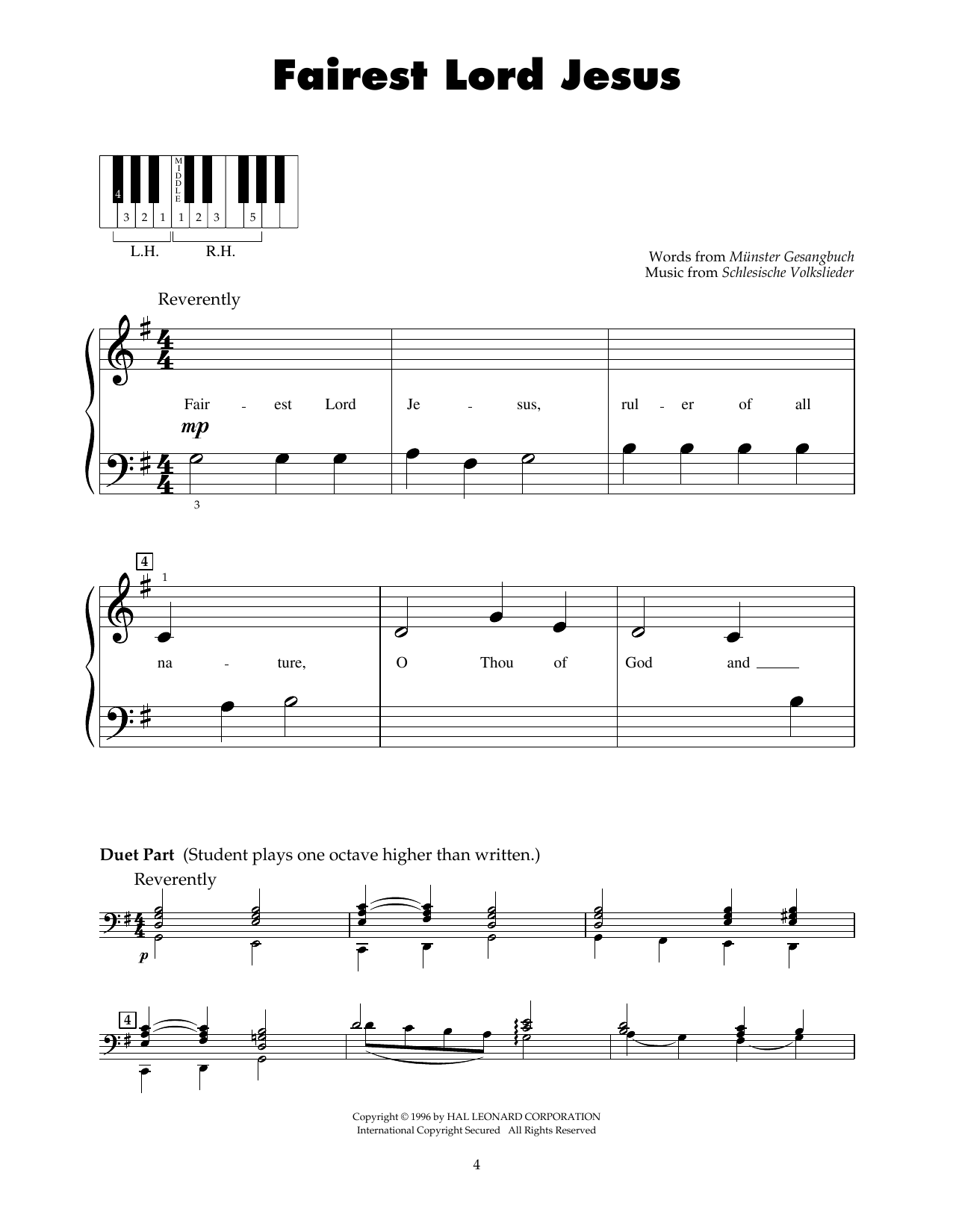 Joseph August Seiss Fairest Lord Jesus sheet music notes and chords arranged for 5-Finger Piano
