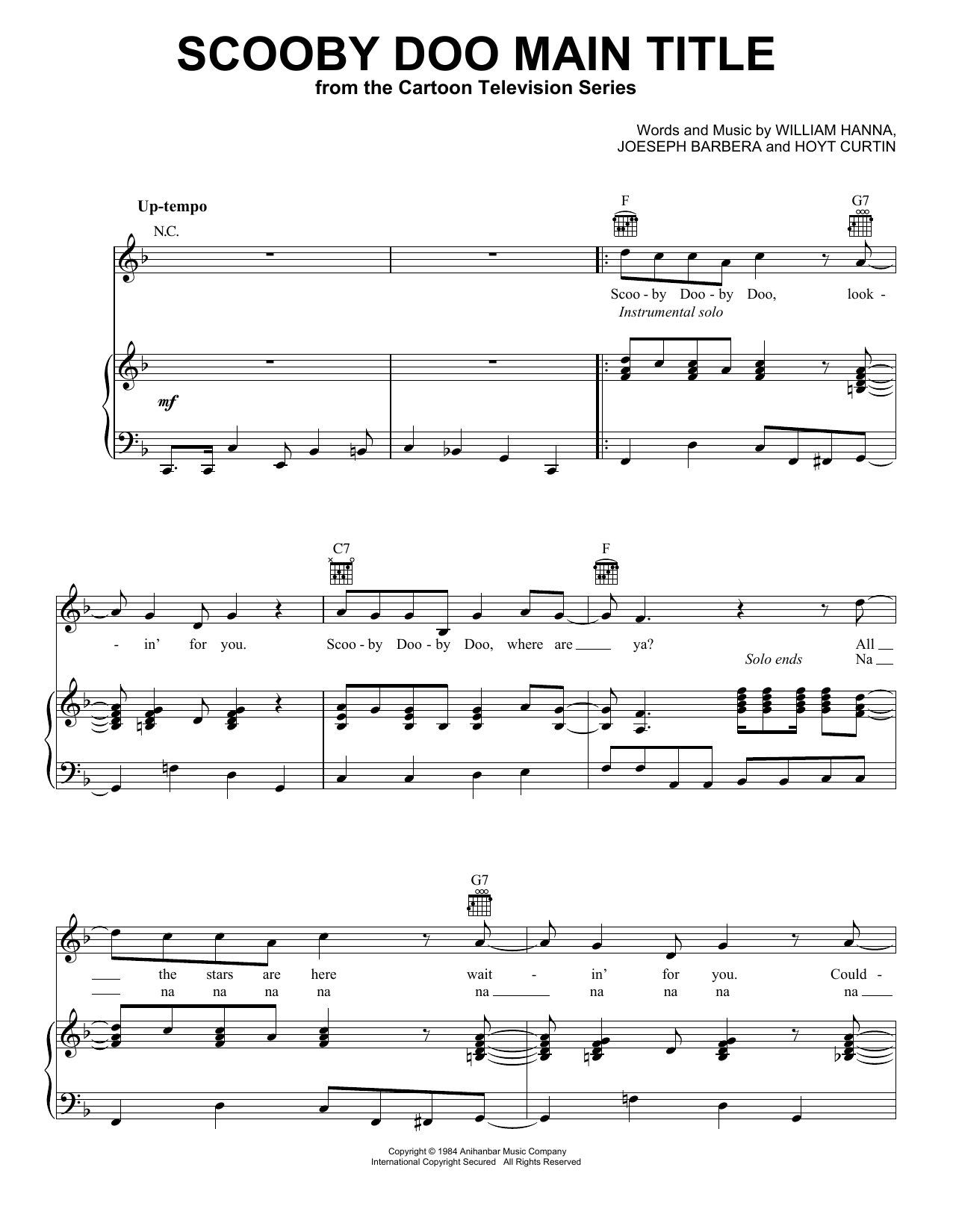 Joseph Barbera Scooby Doo Main Title sheet music notes and chords arranged for Piano, Vocal & Guitar Chords (Right-Hand Melody)