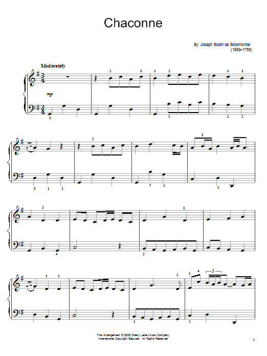 Joseph Bodin De Boismortier Chaconne sheet music notes and chords arranged for Easy Piano