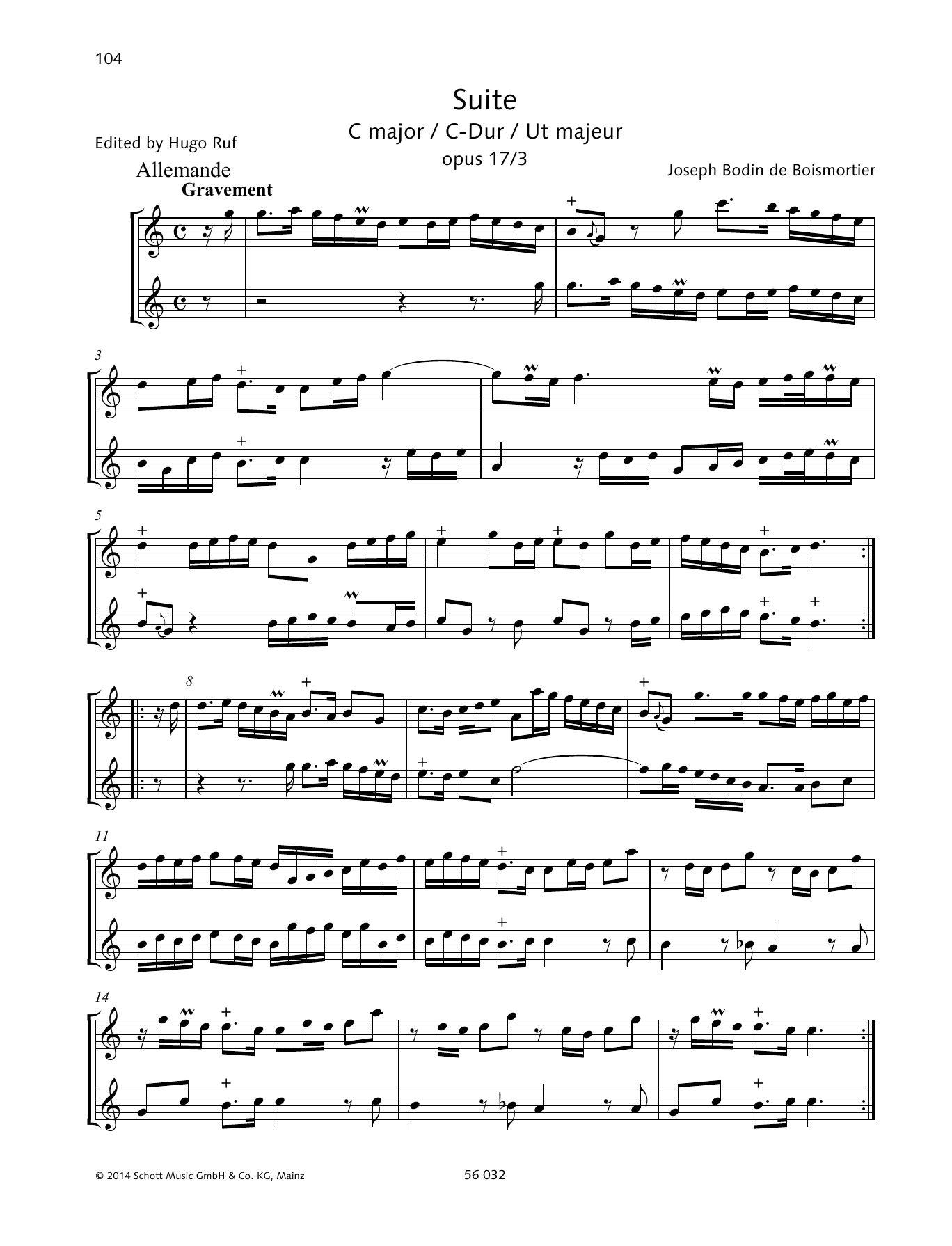 Joseph Bodin De Boismortier Suite C Major sheet music notes and chords arranged for Woodwind Ensemble