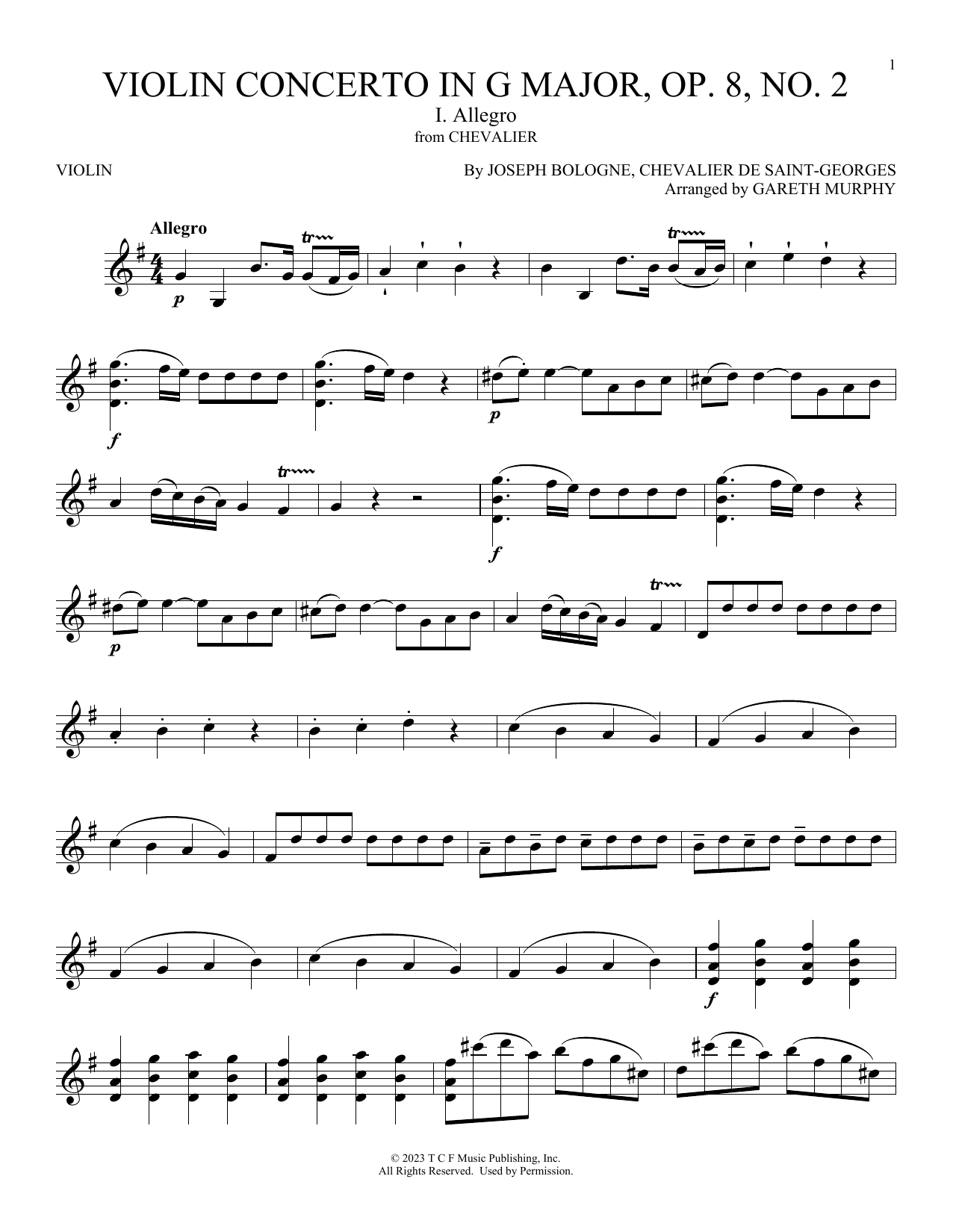 Joseph Bologne (Chevalier de Saint-Georges) Violin Concerto In G Major, Op. 8 No. 2: 1: Allegro (from Chevalier) sheet music notes and chords arranged for Violin Solo