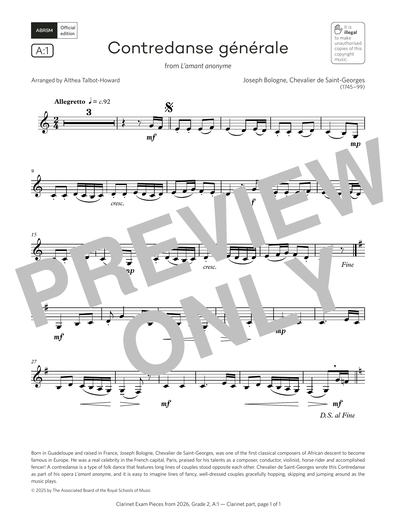 Joseph Bologne Contredanse générale (Grade 2, list A1, from the ABRSM Clarinet Syllabus from 2026) sheet music notes and chords arranged for Clarinet Solo
