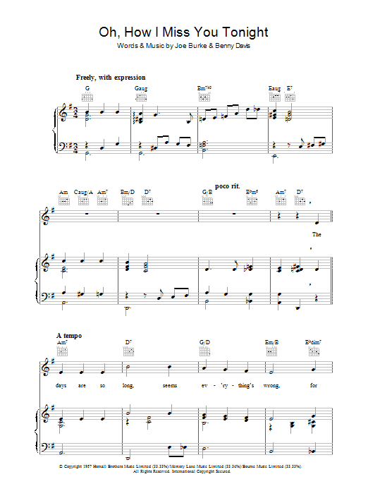 Joseph Burke Oh How I Miss You Tonight sheet music notes and chords arranged for Piano, Vocal & Guitar Chords