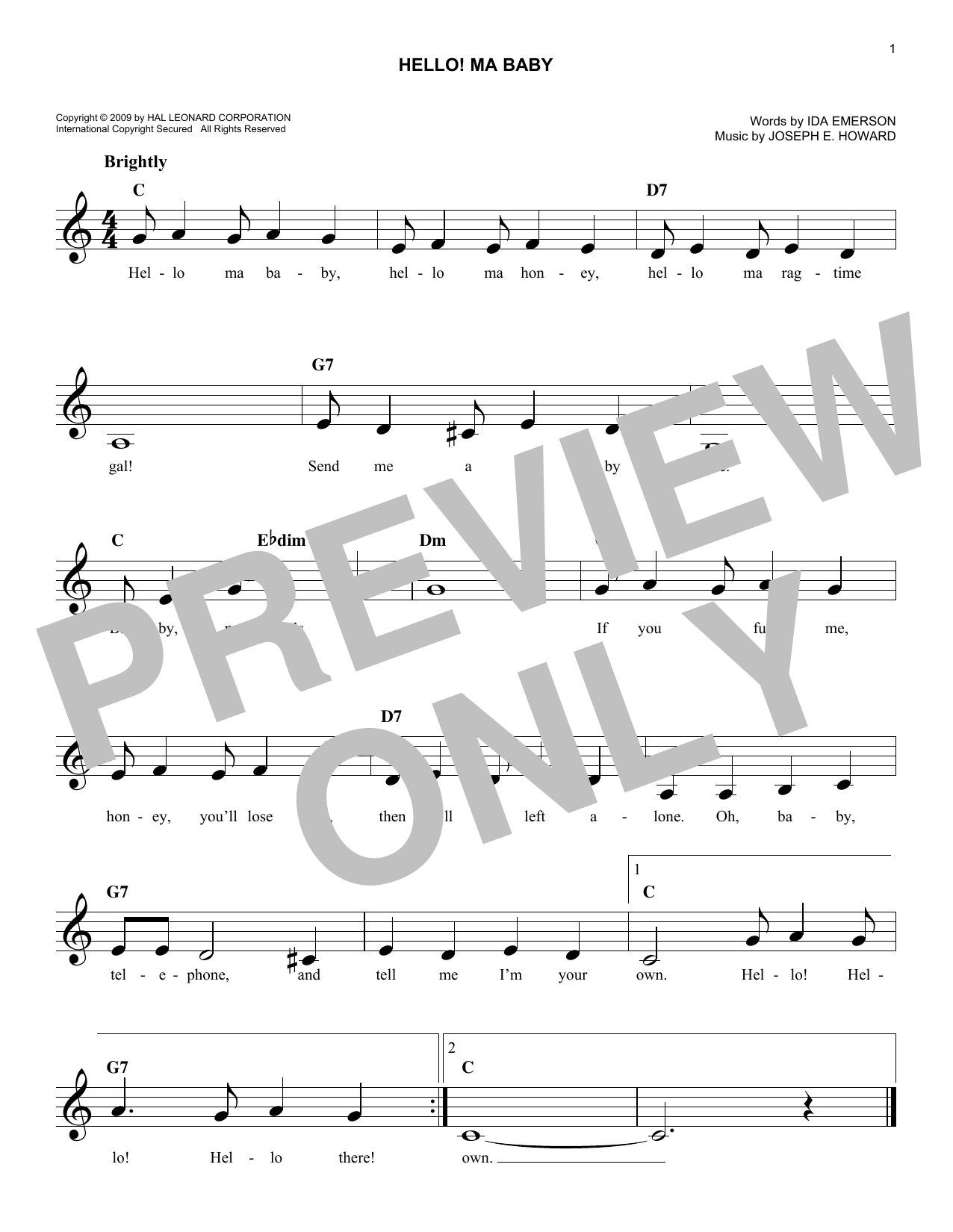 Joseph E. Howard Hello! Ma Baby sheet music notes and chords arranged for Lead Sheet / Fake Book