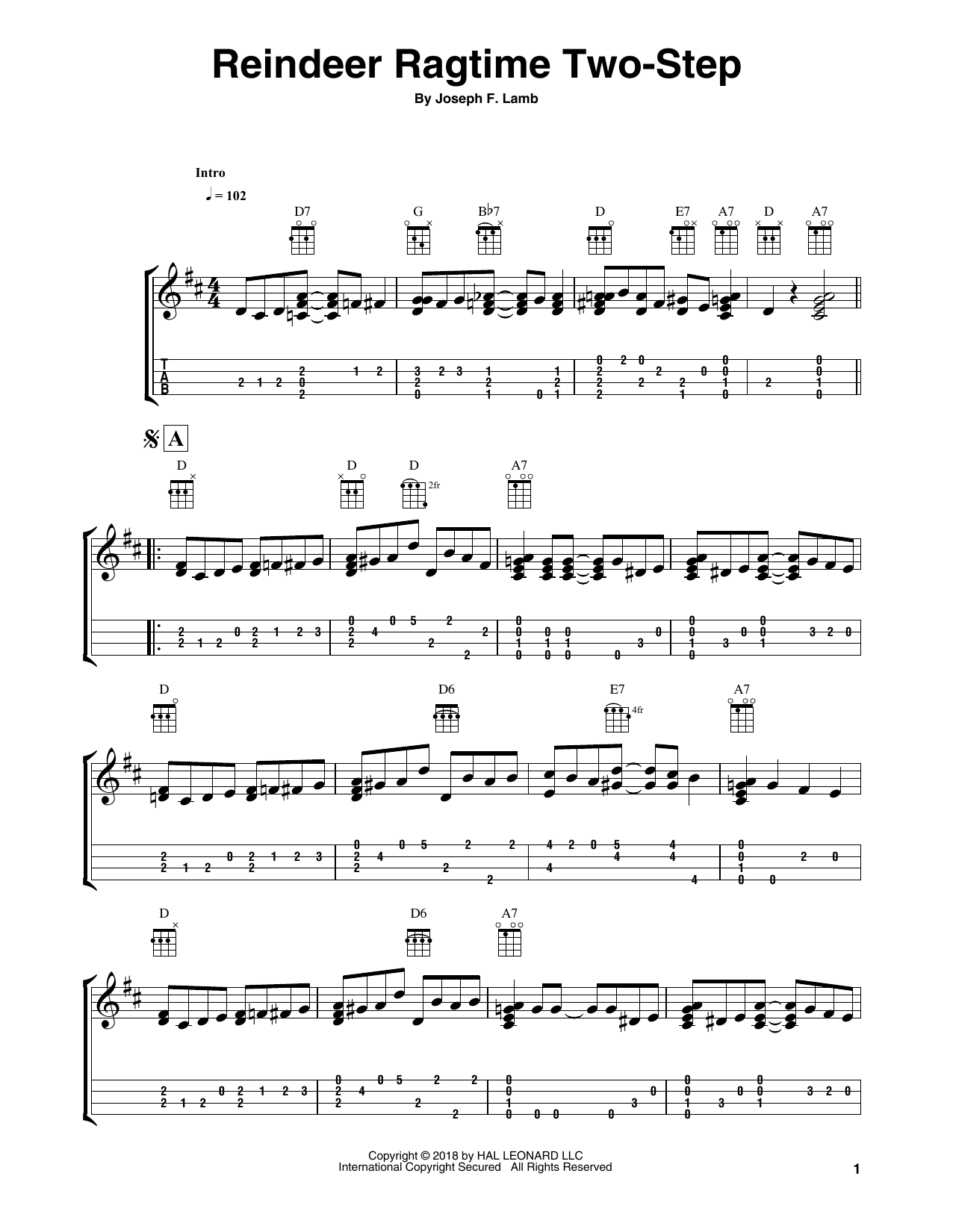 Fred Sokolow Reindeer Ragtime Two-Step sheet music notes and chords arranged for Easy Ukulele Tab