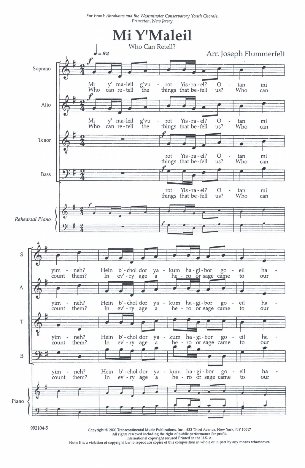 Joseph Flummerfelt Mi Y'maleil (Who Can Retell?) sheet music notes and chords arranged for SATB Choir